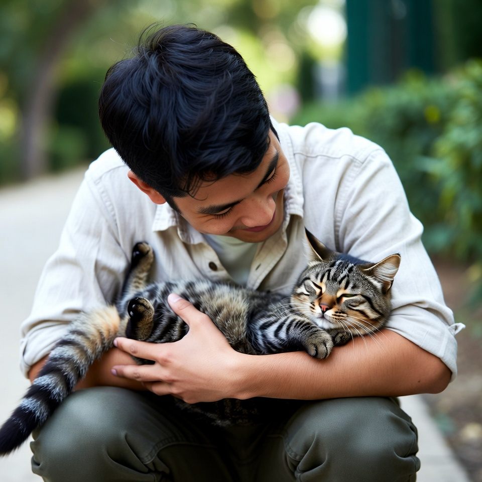 Mann kuschelt mit seiner Katze im Garten